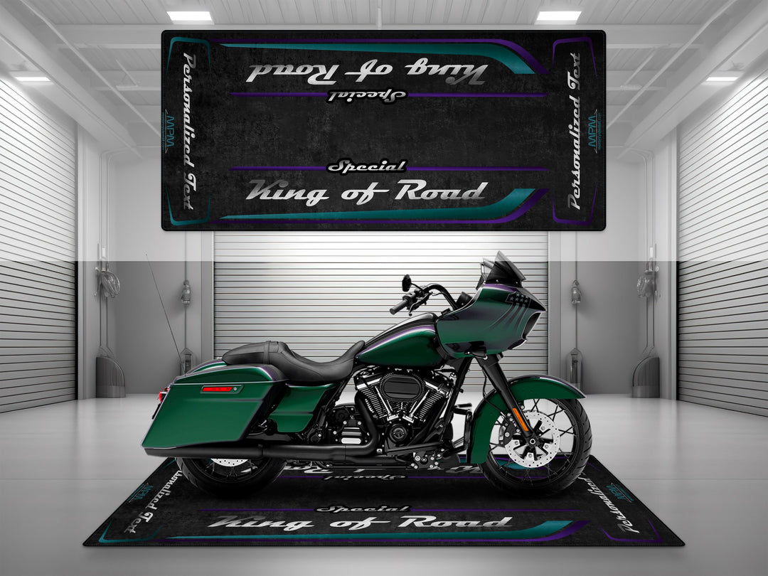 Road Glide Snake Venom carpet—ideal gift for Harley fans, protects garage floors while elevating your motorcycle display style.