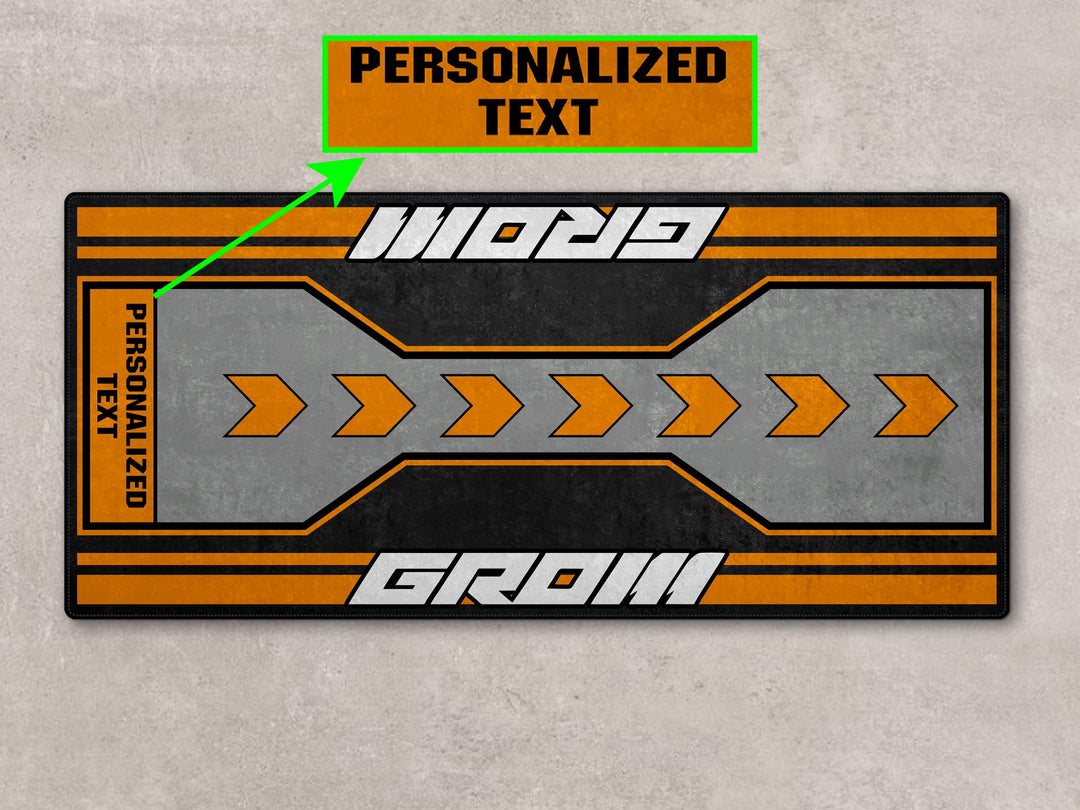 Personalized garage floor rug for Grom riders. Durable Thermoplastic Rubber mat for track prep and display.