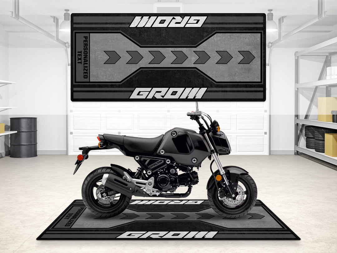 Personalized Grom floor rug in sleek gray. Ideal motorcycle accessory and gift for riders.