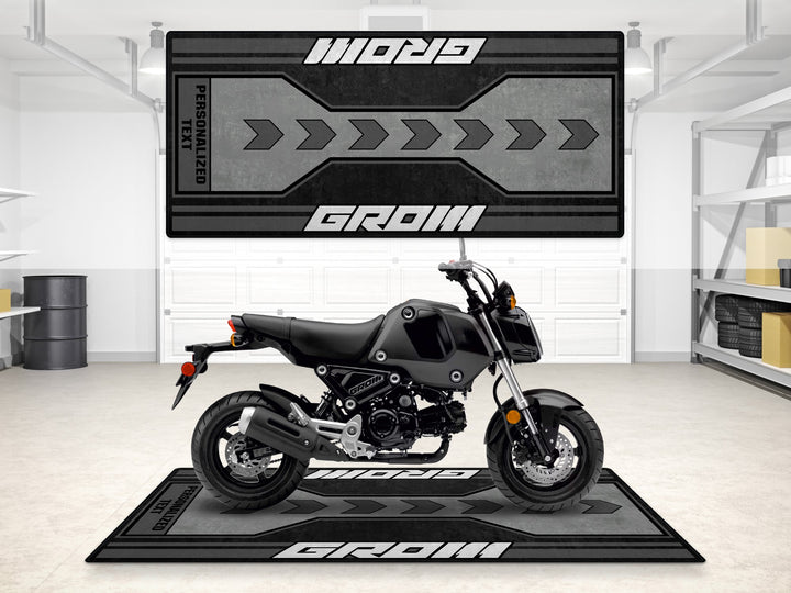 Personalized Grom floor rug in sleek gray. Ideal motorcycle accessory and gift for riders.