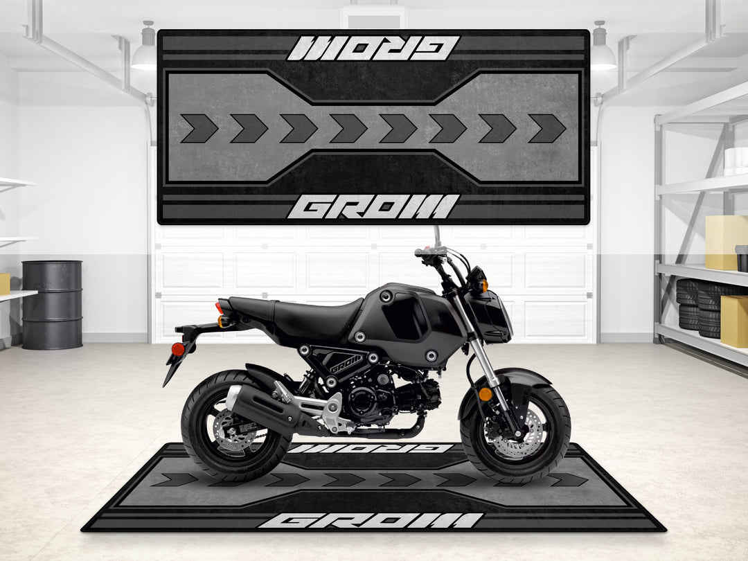 Honda Grom garage mat in gray tones. Durable motorcycle floor cover for garage floor protection.
