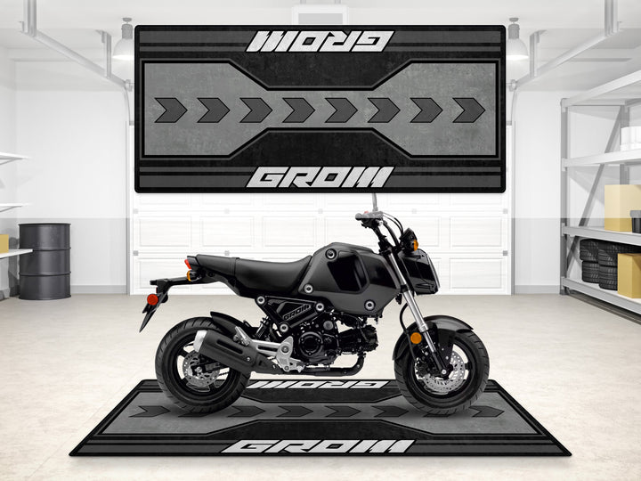 Honda Grom garage mat in gray tones. Durable motorcycle floor cover for garage floor protection.