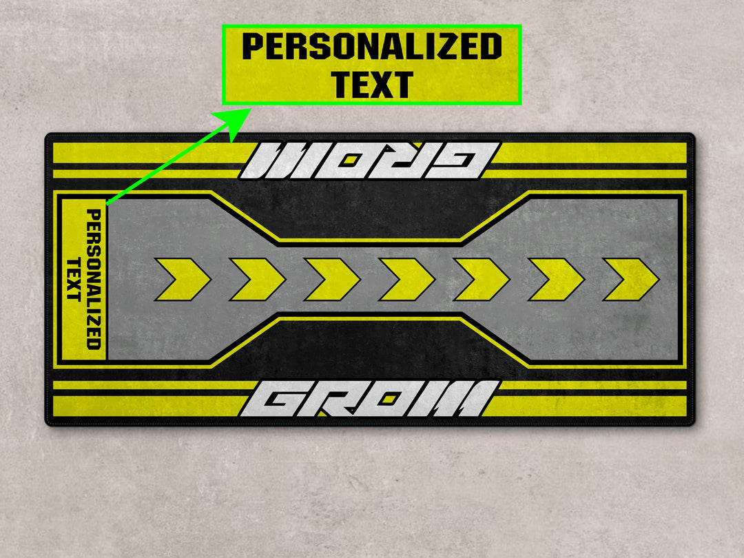 Yellow Grom track prep pit rug. Thermoplastic Rubber base for showroom, racetrack or bike zone display.