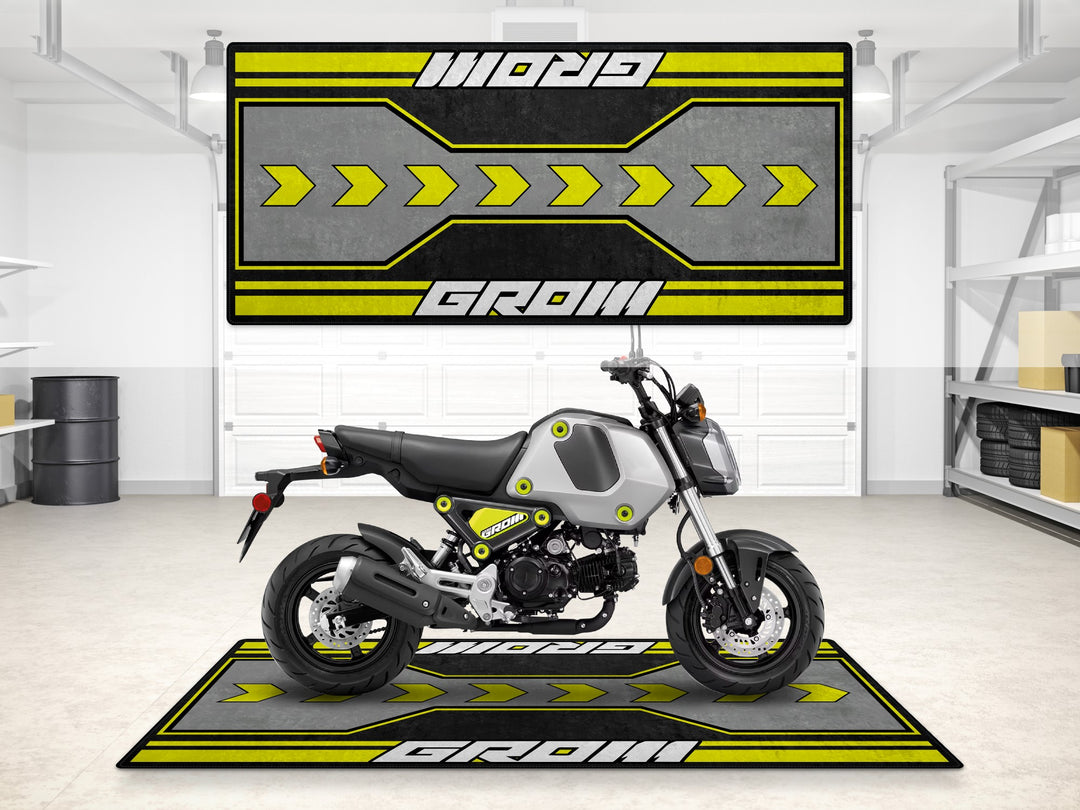 Honda Grom garage mat in yellow and grey. Motorcycle floor cover for garage floor protection and style.