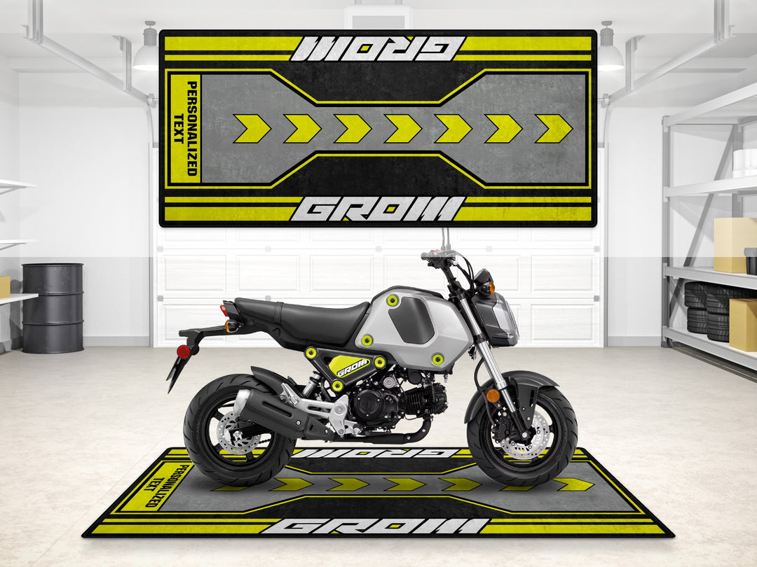 Personalized Grom motorcycle pit mat. Ideal gift and garage carpet for riders and dual sport bike fans.