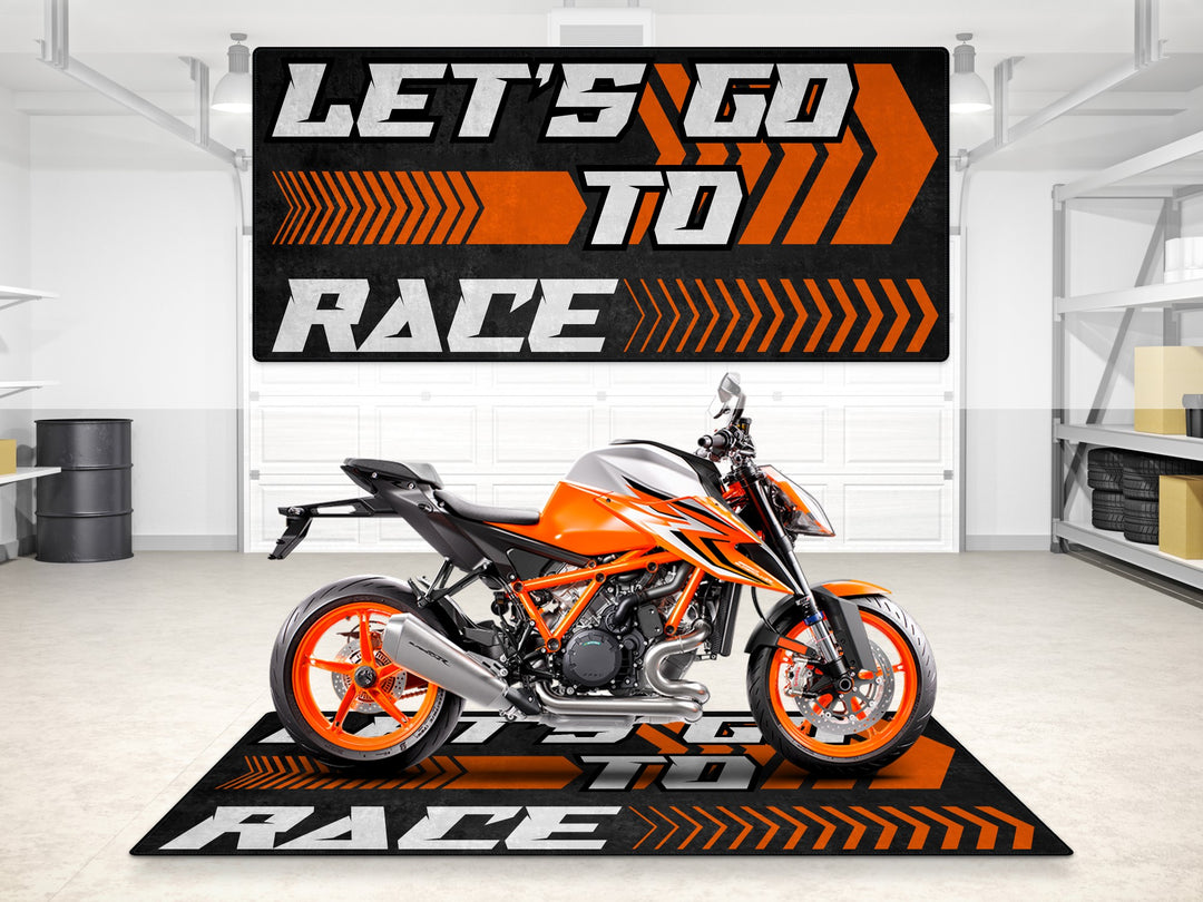KTM RC 390 displayed on a racing garage mat – ideal for parking, pit mat, showroom rug, motorcycle gear, and rider essentials.