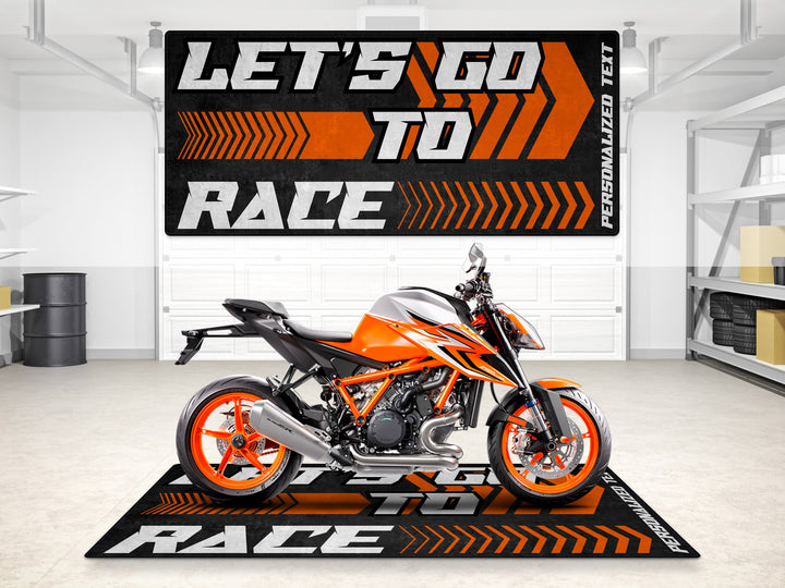Personalized KTM RC 125 pit rug with bold orange-black style, great for racetrack, garage mat, and motorcycle display carpet.