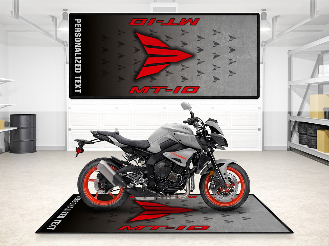 Custom pit rug for Ice Fluo MT-10, a unique parking mat for motorcycle gear lovers, parts area, or showroom display.