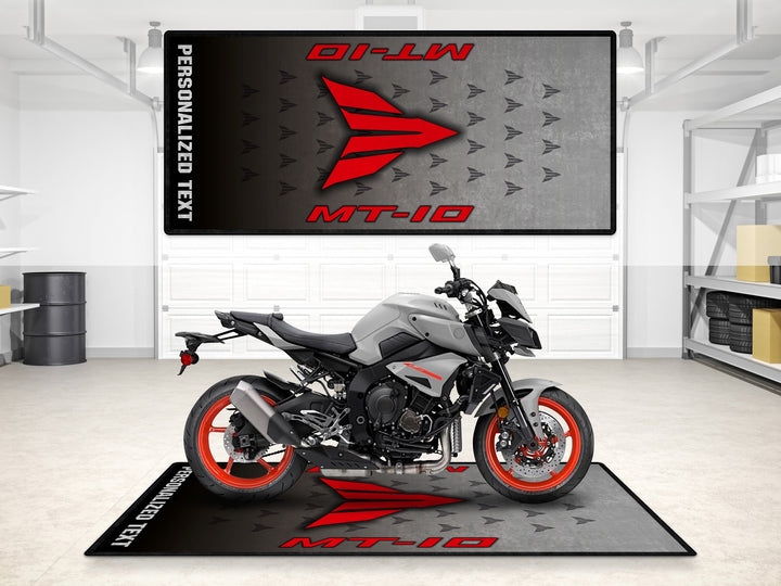 Custom pit rug for Ice Fluo MT-10, a unique parking mat for motorcycle gear lovers, parts area, or showroom display.