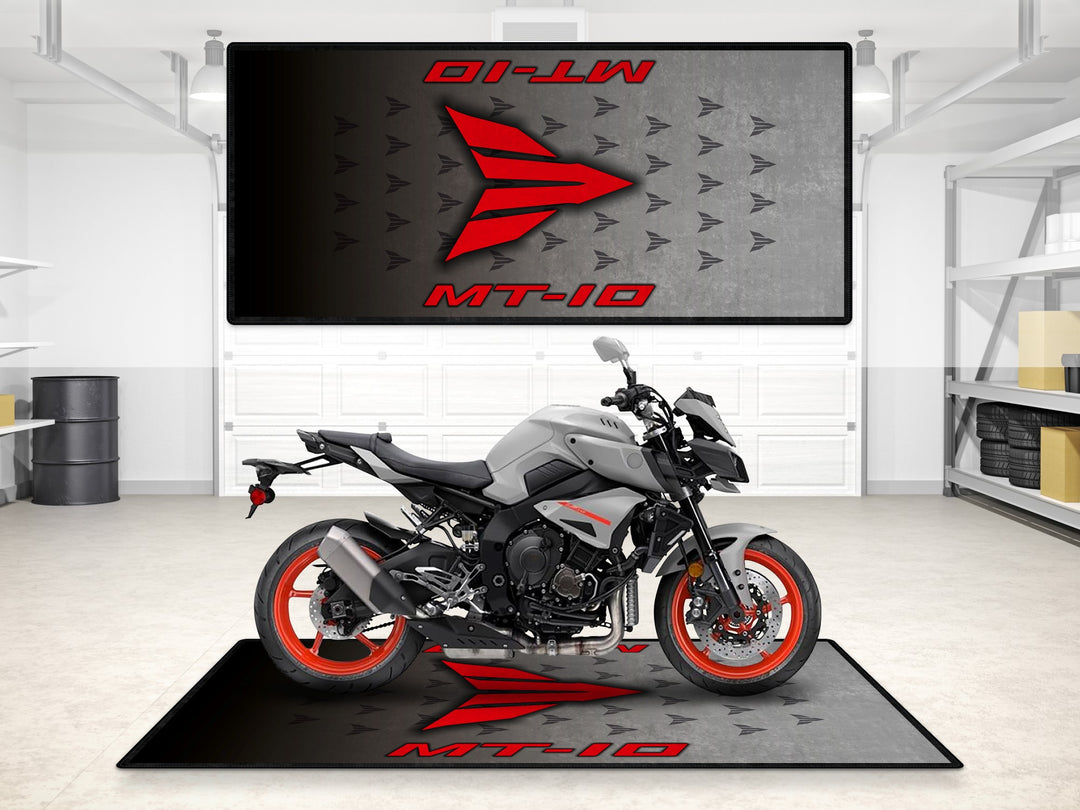 MT-10 Ice Fluo on a custom garage mat, perfect floor cover for motorcycle display, parking mat, or superbike garage setup.