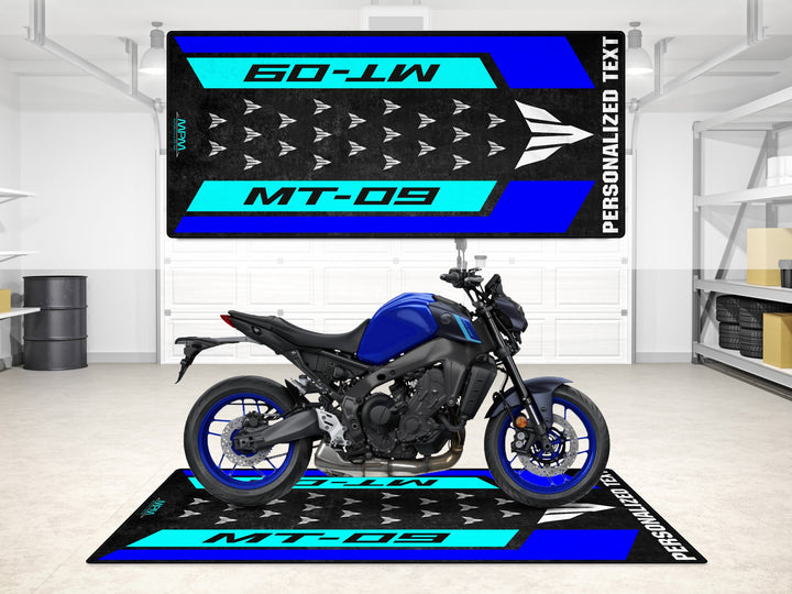 Custom MT-09 Icon Blue pit mat for racetrack use and motorcycle display. Essential gift and parts zone upgrade.