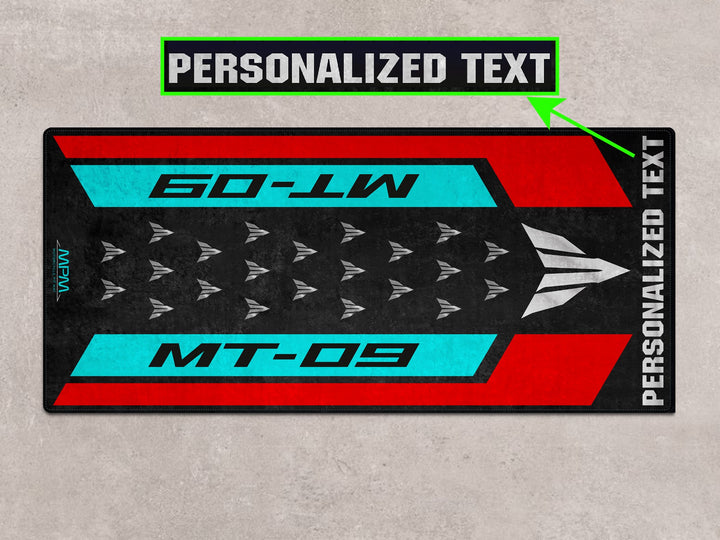 Custom pit rug for Yamaha MT-09 in Cyan Storm. Great gift for riders and perfect for superbike garage floors.