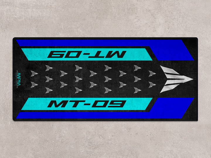 MT-09 Icon Blue parking mat with non-slip Thermoplastic Rubber. Rug for superbike garage and motorcycle gear space.
