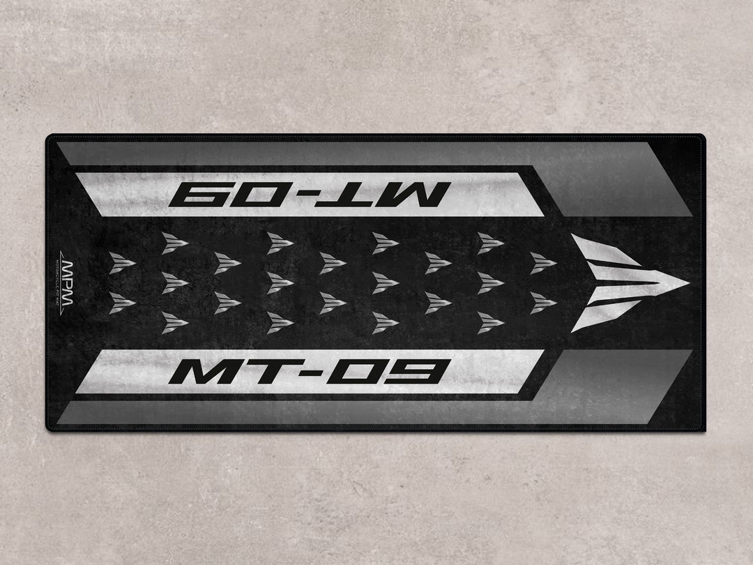 MT-09 Tech Black superbike garage rug. Ideal accessory for showroom, track prep, or motorcycle gear display.