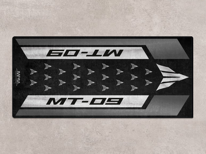 MT-09 Tech Black superbike garage rug. Ideal accessory for showroom, track prep, or motorcycle gear display.