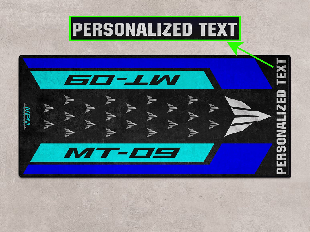 Personalized garage mat for Yamaha MT-09 in Icon Blue. Perfect motorcycle accessory for floor protection and style.