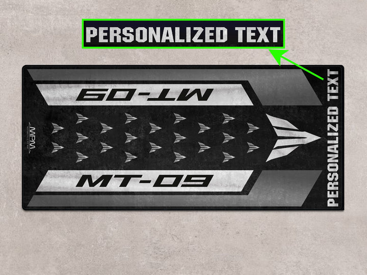 Tech Black MT-09 personalized mat for motorcycle lovers. A stylish gift and essential part of any bike zone.