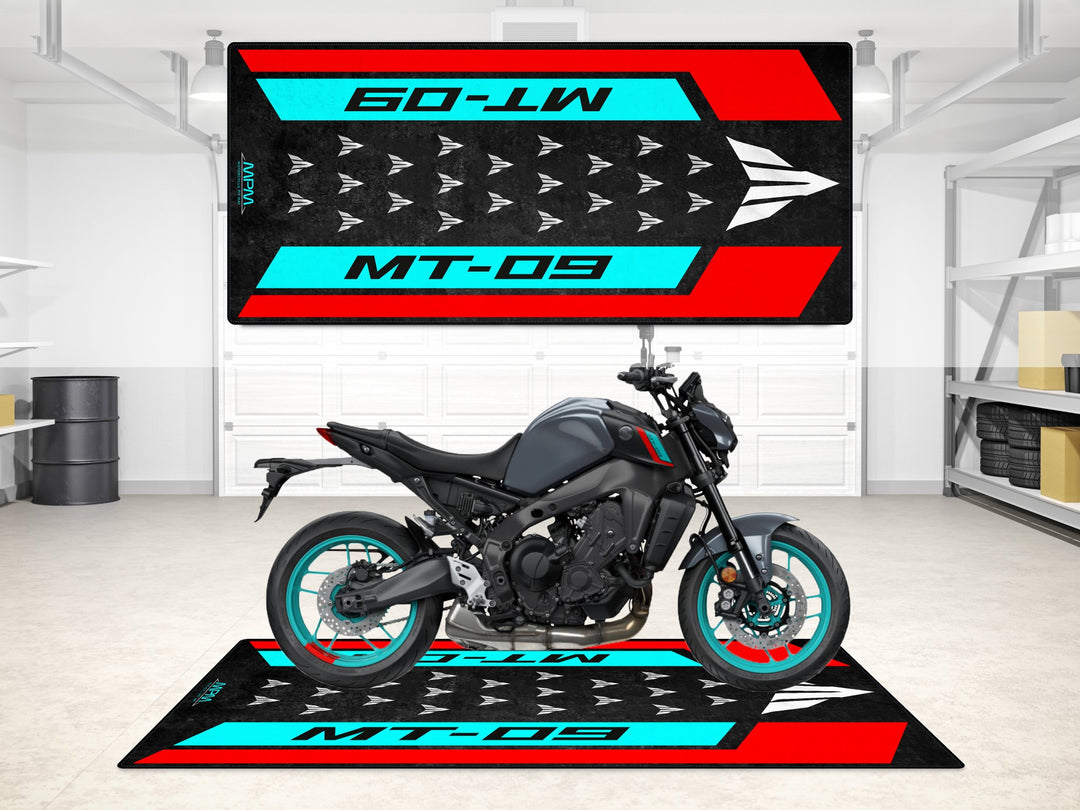 MT-09 Cyan Storm garage mat with sporty cyan-red layout. Perfect motorcycle display and garage floor cover.