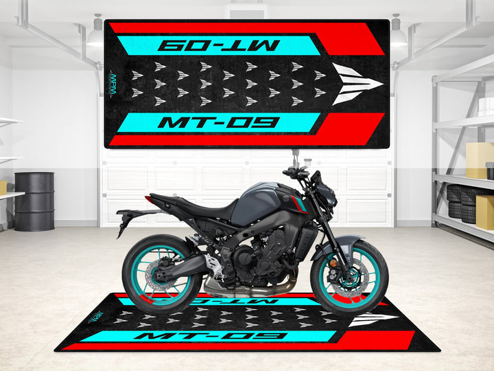 MT-09 Cyan Storm garage mat with sporty cyan-red layout. Perfect motorcycle display and garage floor cover.