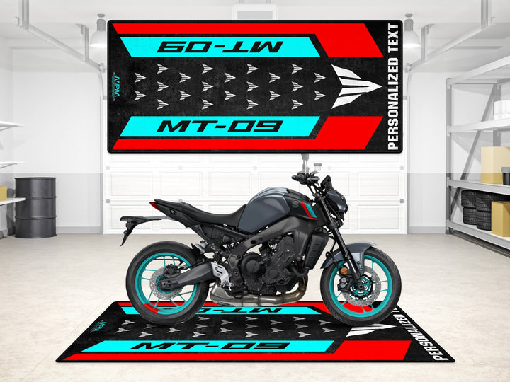 Personalized Cyan Storm pit mat for Yamaha MT-09. Ideal for rider essentials, bike zone, and motorcycle gear.