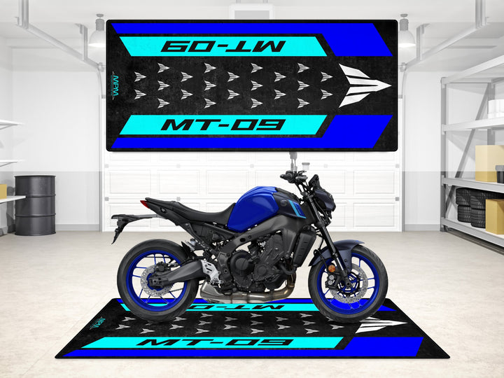 Yamaha MT-09 Icon Blue garage mat with vivid blue tones. Ideal floor cover for showroom, track prep, or garage setup.