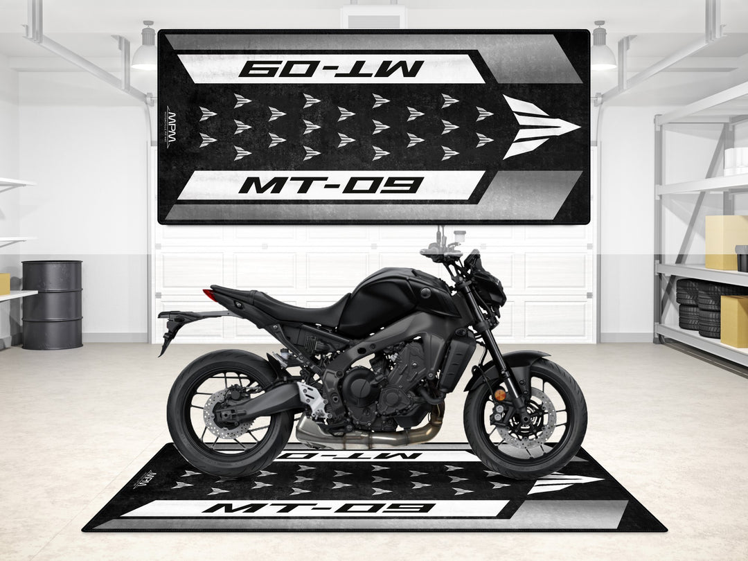 Yamaha MT-09 Tech Black parking mat with sleek garage look. Thermoplastic Rubber base for garage floor protection.