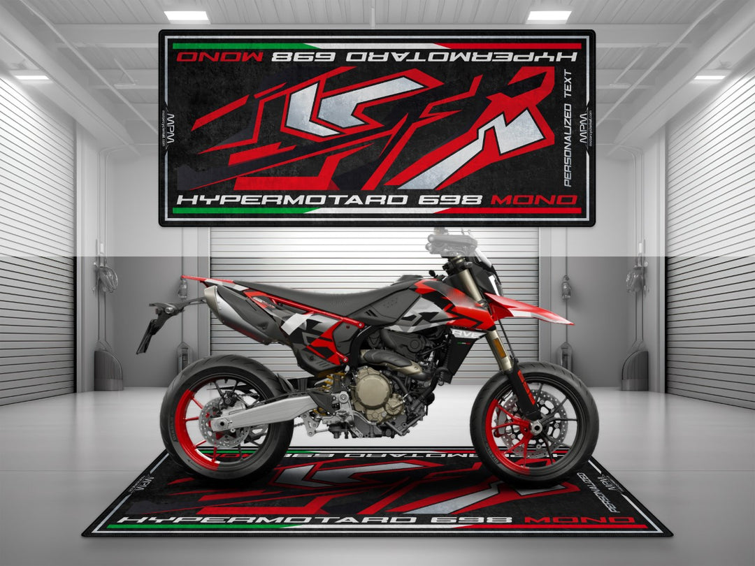 Personalized motorcycle rug for Ducati Hypermotard 698 Mono RVE. Rider essentials and gift-ready mat for urban garage styling and custom pit rug setups.