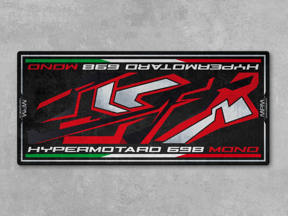 Parking mat and pit mat design for Hypermotard RVE. Performance-inspired carpet and rug accessory built for parts display and modern bike zones.