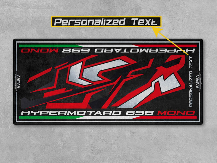 Custom pit mat for Hypermotard RVE. Ideal for dual sport setup, track prep organization, and showcasing motorcycle gear in a superbike garage.