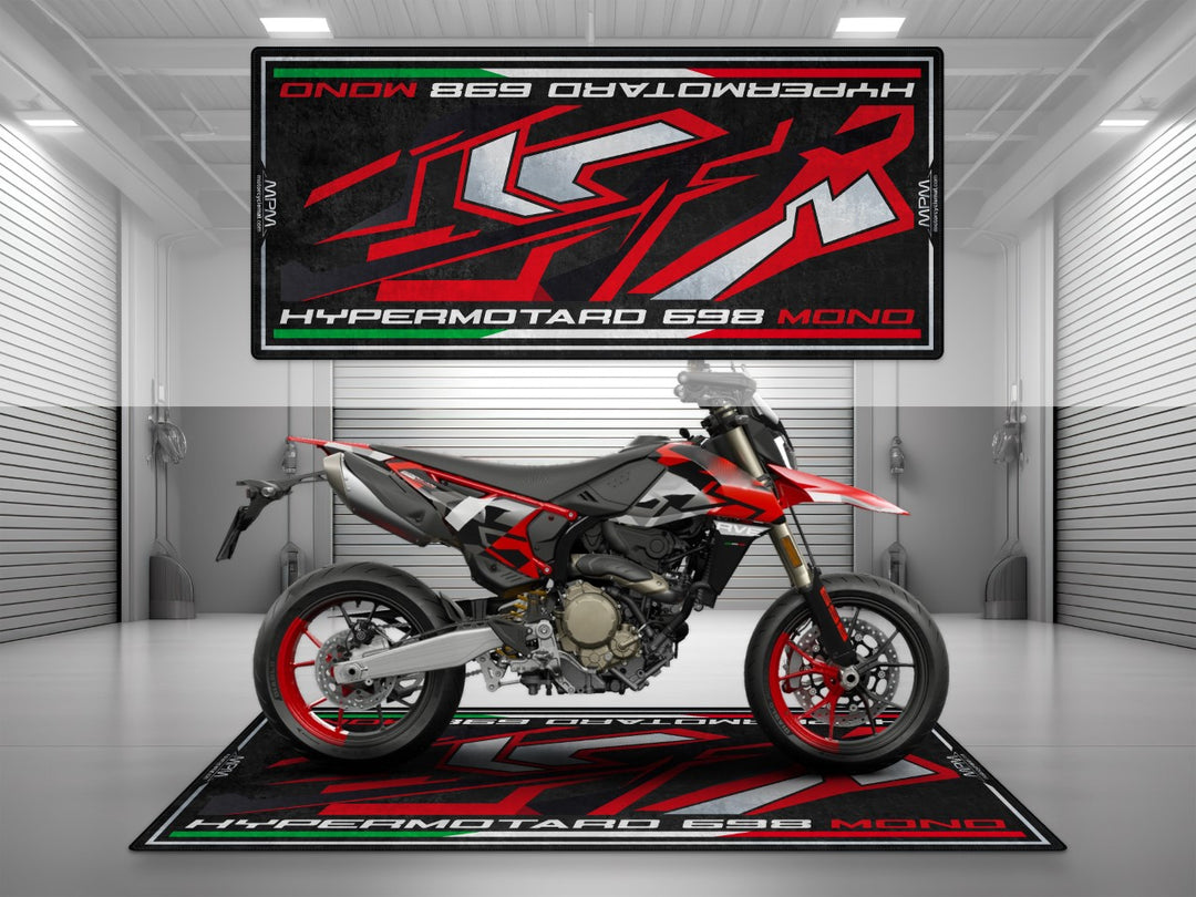 Garage mat for Ducati Hypermotard 698 Mono RVE. Dynamic floor cover for showroom setups, racetrack energy, and streetfighter motorcycle display.