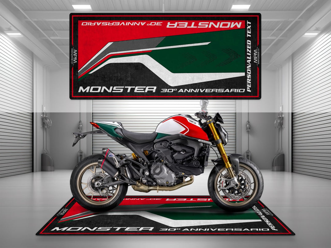 Personalized motorcycle mat for Ducati Monster 30th. A perfect rider essentials gift and custom pit rug for Italian superbike garage style and bike zone setup.