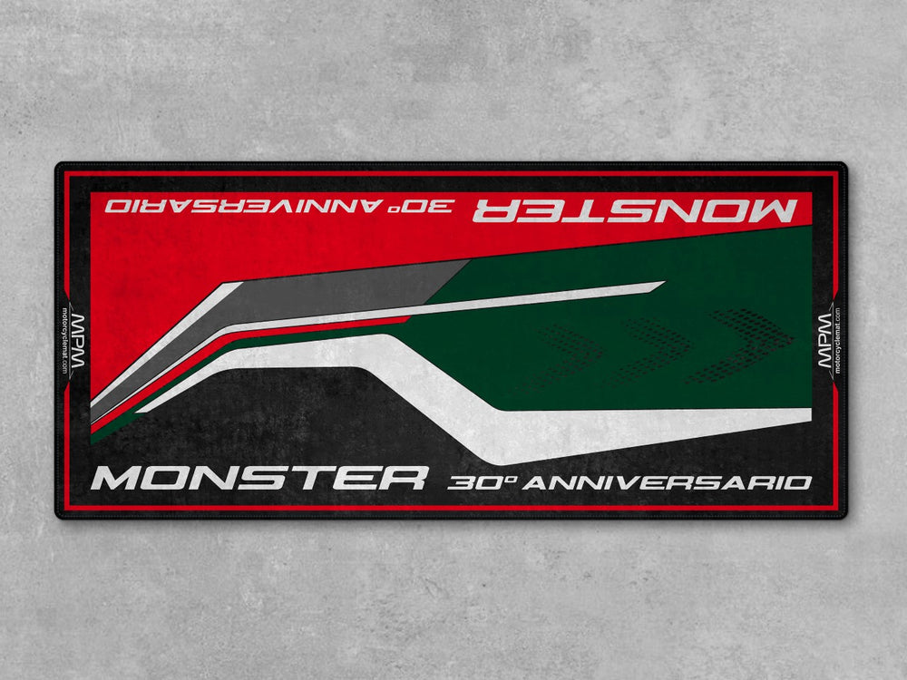 Parking mat and pit mat for Monster 30th. A premium rug and carpet accessory built for racetrack-ready style and parts-focused garage use.