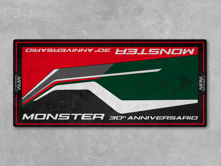 Parking mat and pit mat for Monster 30th. A premium rug and carpet accessory built for racetrack-ready style and parts-focused garage use.