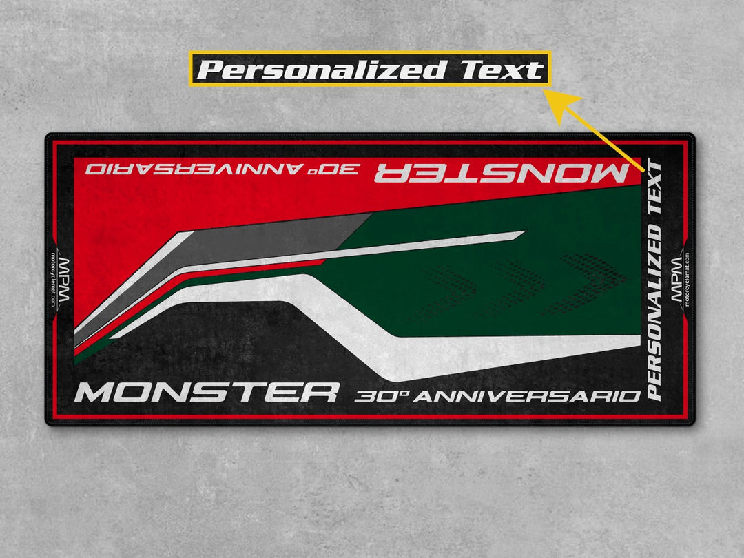 Custom pit mat designed for Monster 30th Anniversary. Great for showcasing motorcycle gear, organizing track prep, and highlighting dual sport setups.