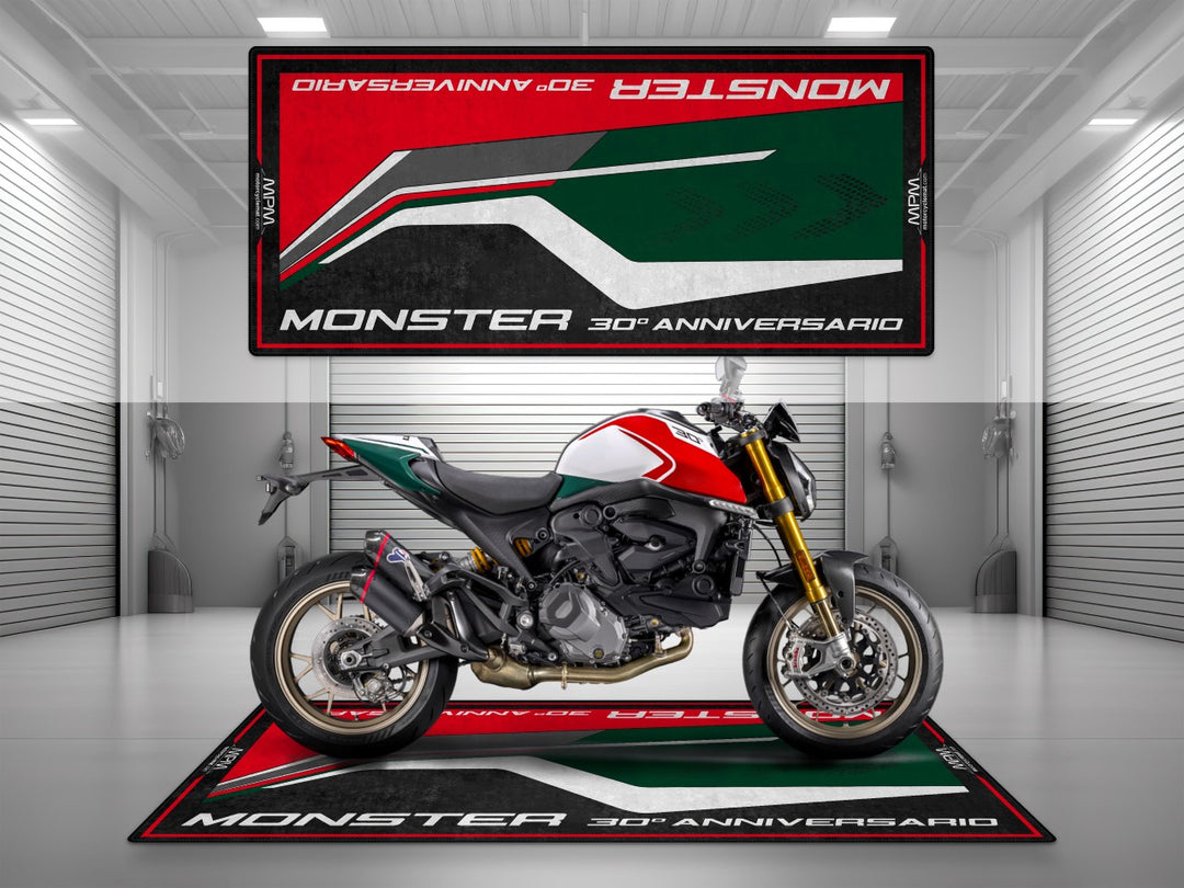 Ducati Monster 30th Anniversario garage mat with bold floor cover design. Ideal for motorcycle display zones, garage mat layouts, and showroom flair.