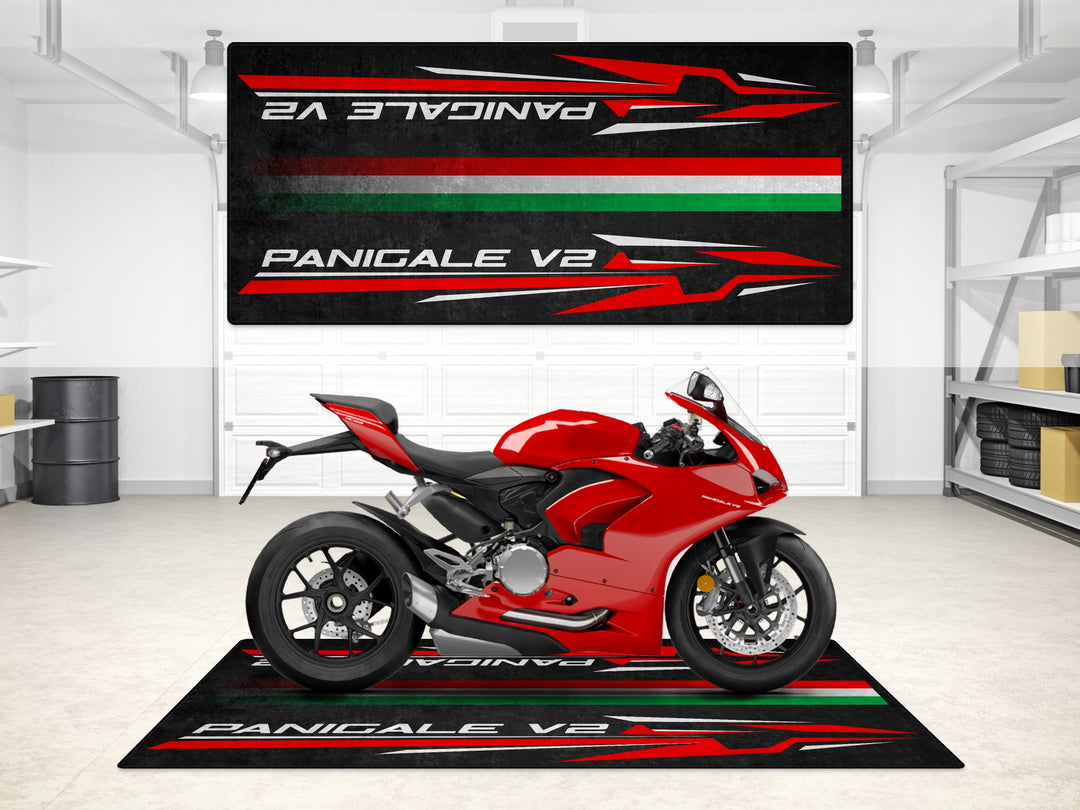 High-performance garage mat for Ducati Panigale V2 in red. Ideal for garage floor protection, parking mat, or racetrack display.