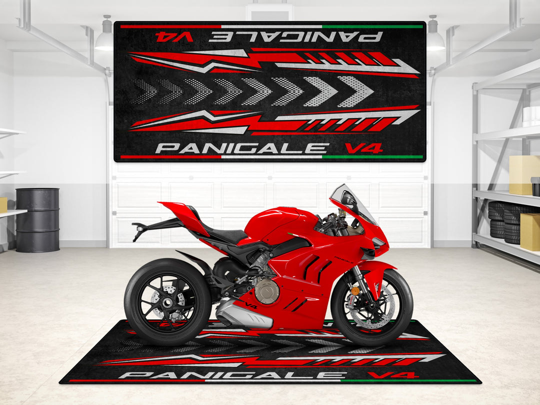 Ducati Panigale V4 garage mat and pit mat. Sleek motorcycle display rug for indoor showroom, workshop use, or bike zone floor cover.