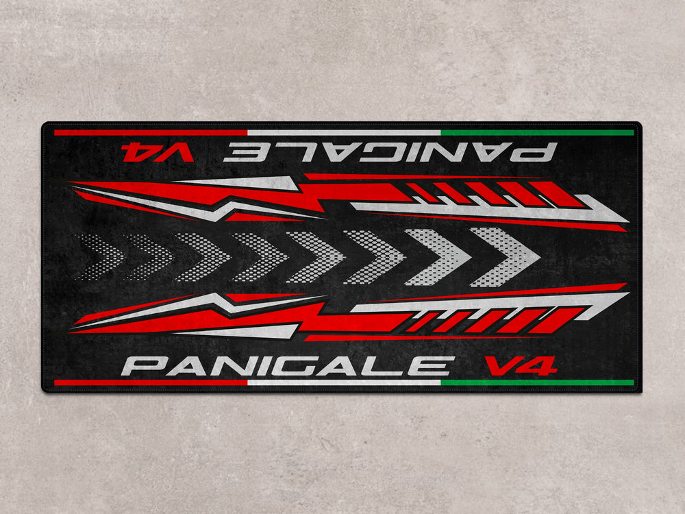 Panigale V4 parking mat and motorcycle carpet for racetrack lovers. A high-quality garage accessory for superbike garage setups.