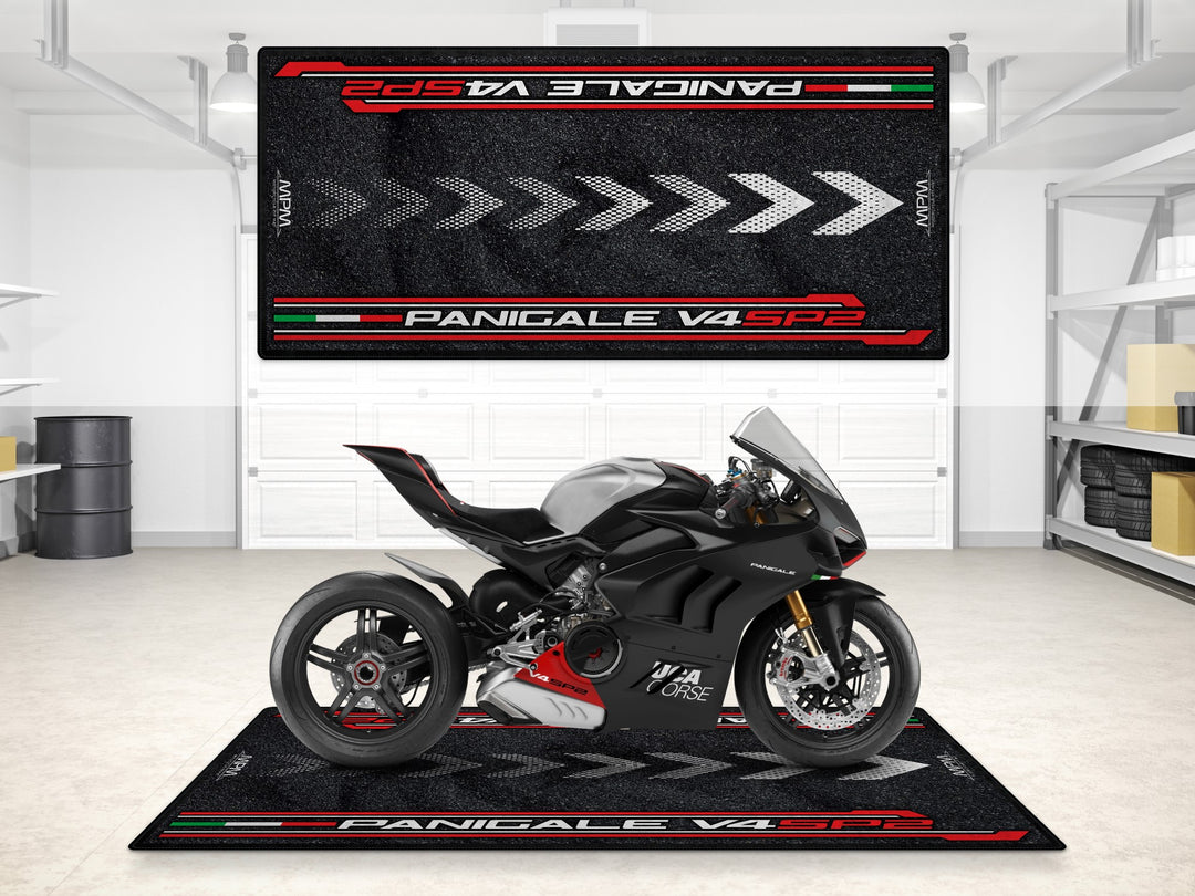 Ducati Panigale V4 SP2 garage mat and parking mat. Premium motorcycle floor cover for superbike garages and showroom-ready pit displays.
