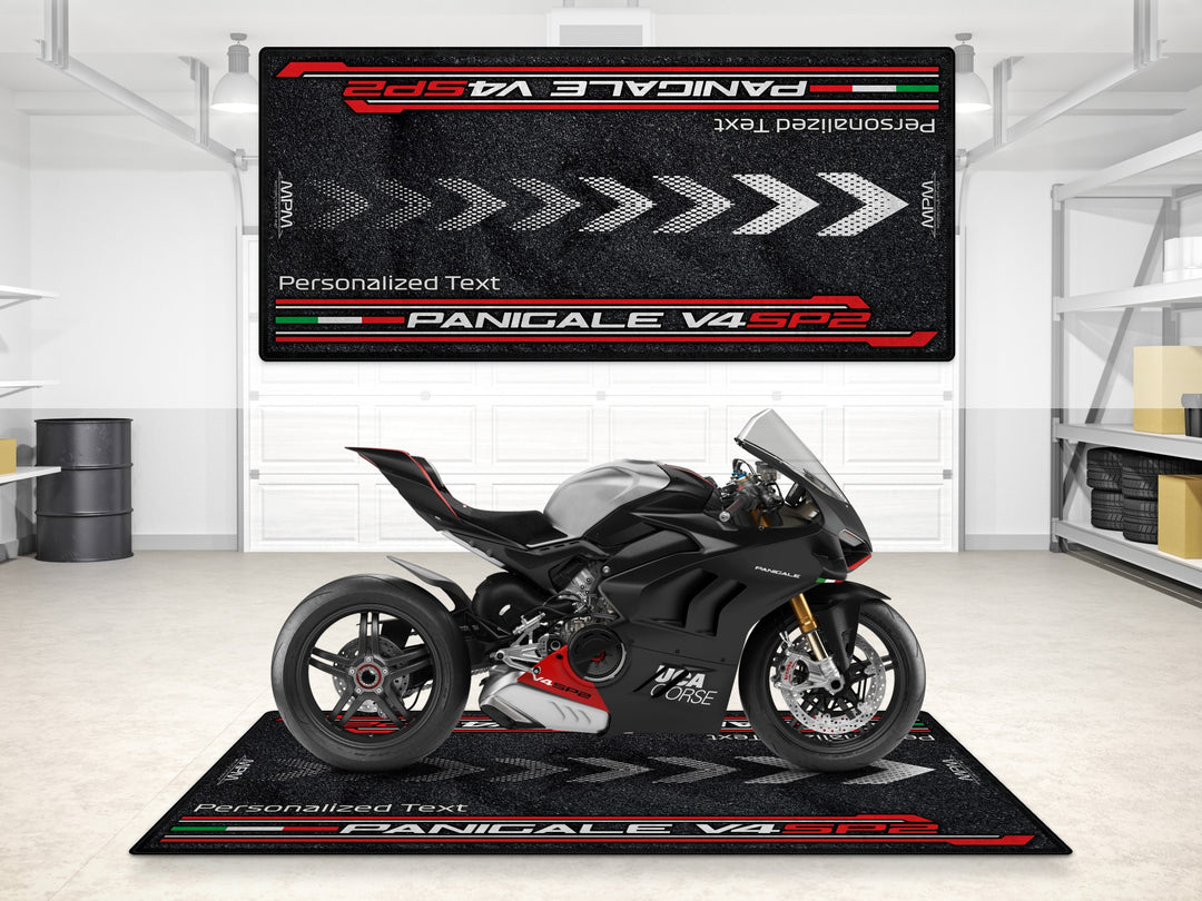 Personalized floor rug for Ducati Panigale V4 SP2. Great motorcycle gift and gear-friendly custom pit rug for track prep or workshop display.