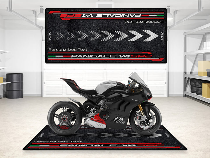 Personalized floor rug for Ducati Panigale V4 SP2. Great motorcycle gift and gear-friendly custom pit rug for track prep or workshop display.