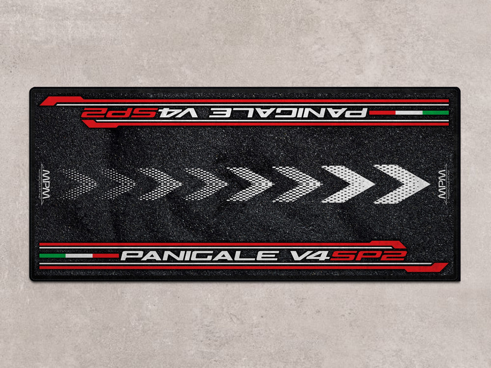 Panigale V4 SP2 pit mat and motorcycle carpet. Designed for racetrack setups, bike zone aesthetics, and daily rider essentials.