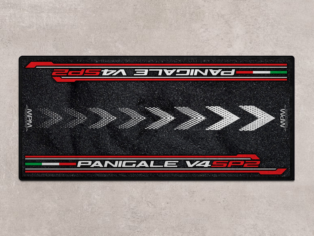 Panigale V4 SP2 pit mat and motorcycle carpet. Designed for racetrack setups, bike zone aesthetics, and daily rider essentials.