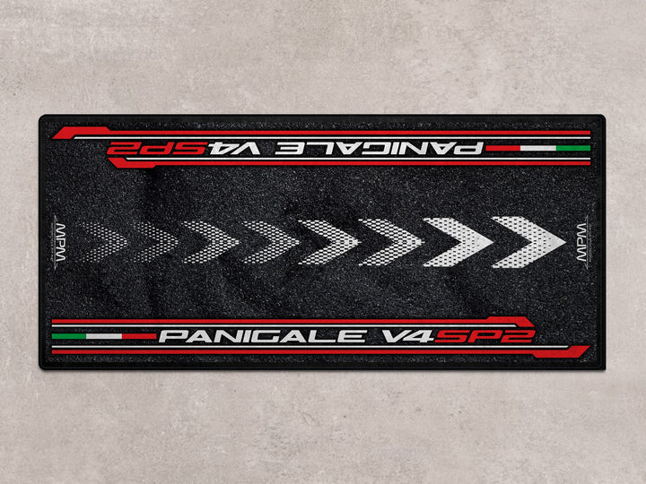Panigale V4 SP2 pit mat and motorcycle carpet. Designed for racetrack setups, bike zone aesthetics, and daily rider essentials.