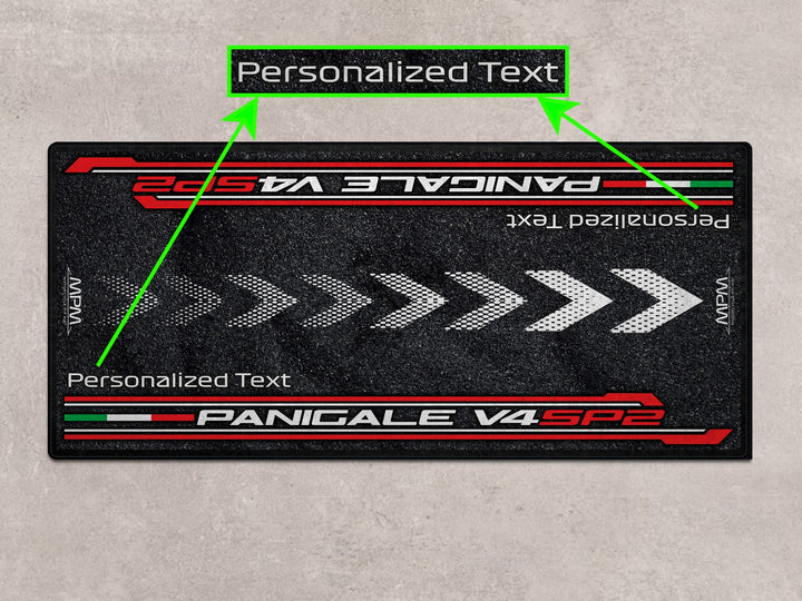 Custom motorcycle display mat for V4 SP2. Ideal for dual sport setups, parts and accessory layout, and high-impact motorcycle garage styling.