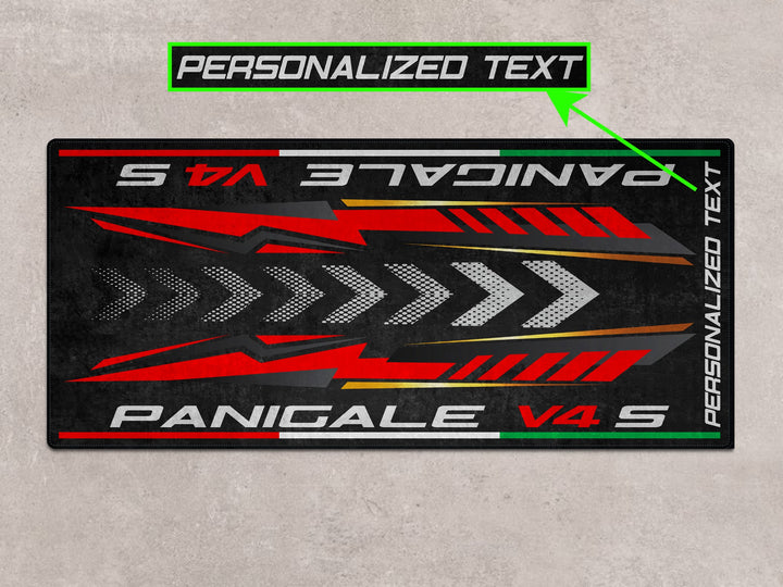 Custom pit rug tailored for Panigale V4 S. A functional floor cover for dual sport setup, small parts staging, and track prep in style.