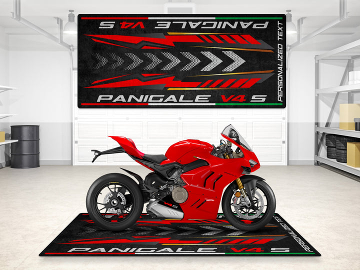 Personalized motorcycle carpet for Ducati Panigale V4 S. Great as a gift and rider essentials item for high-performance motorcycle gear lovers.