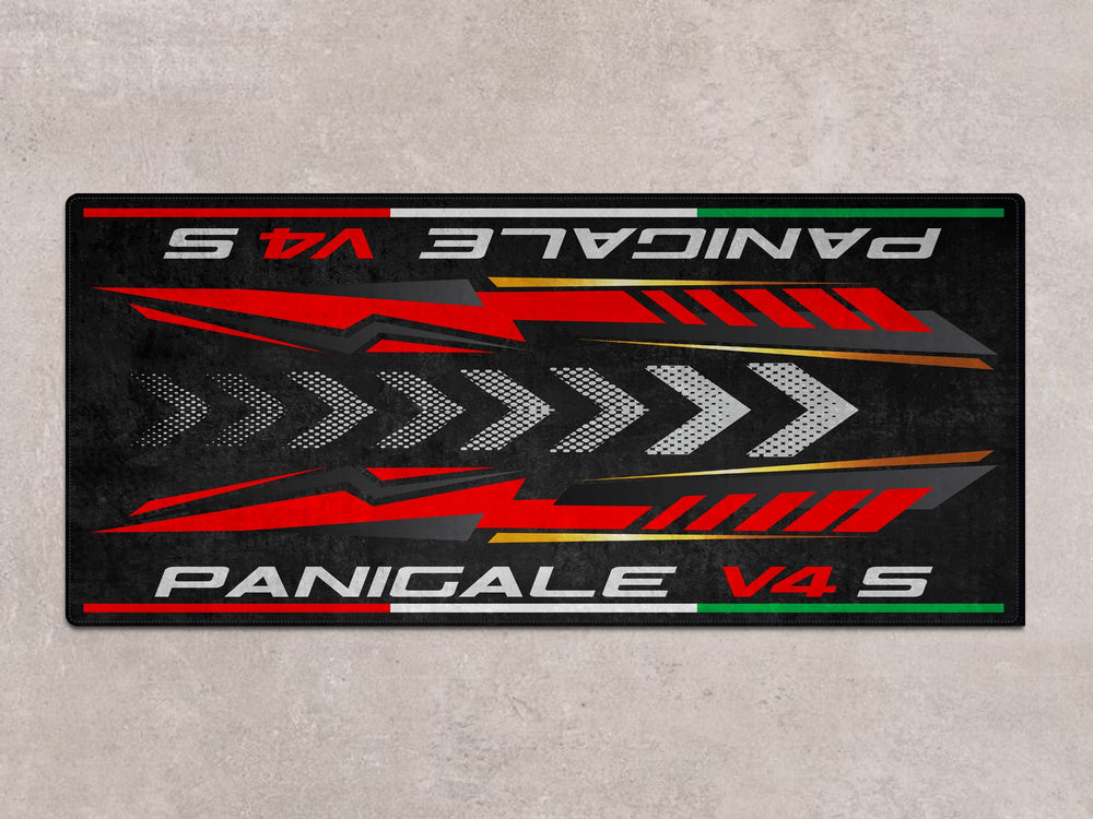 Rug-style pit mat for Panigale V4 S. Designed for racetrack enthusiasts seeking a stylish accessory for their superbike garage or bike zone.