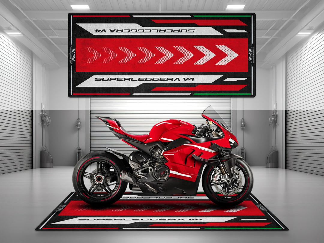 Ducati Superleggera V4 garage mat with striking pit mat layout. Elevate your showroom or racetrack setup with this premium floor cover.