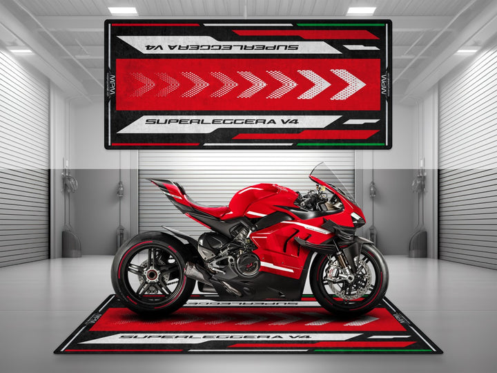 Ducati Superleggera V4 garage mat with striking pit mat layout. Elevate your showroom or racetrack setup with this premium floor cover.